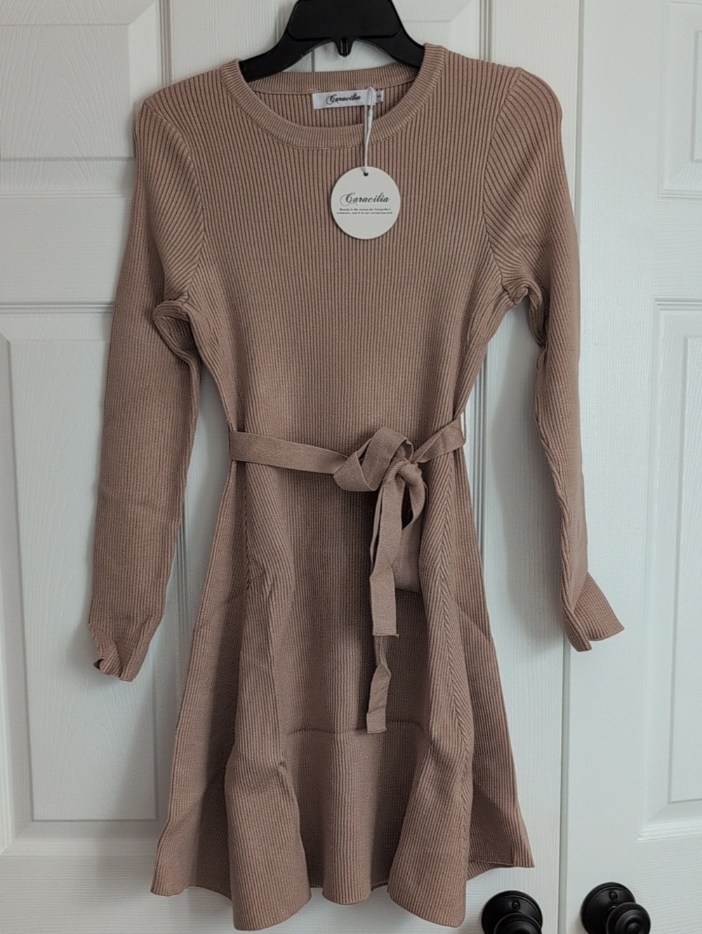 Women's Ribbed Knit Belted Long Sleeve Sweater Dress In Tan NWT